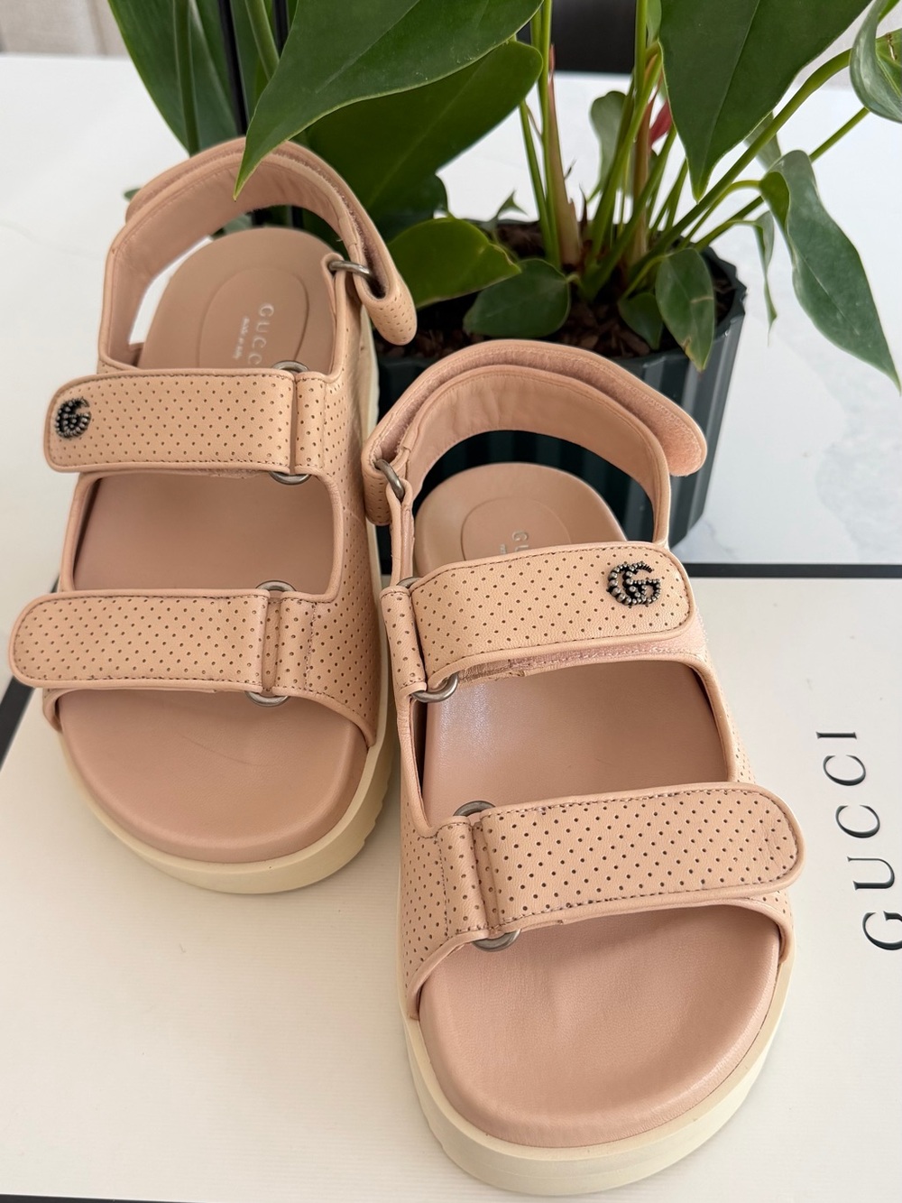 Gucci Nude Pink Perforated Leather Double-Strap Sandals size 35+ and 36 availabl